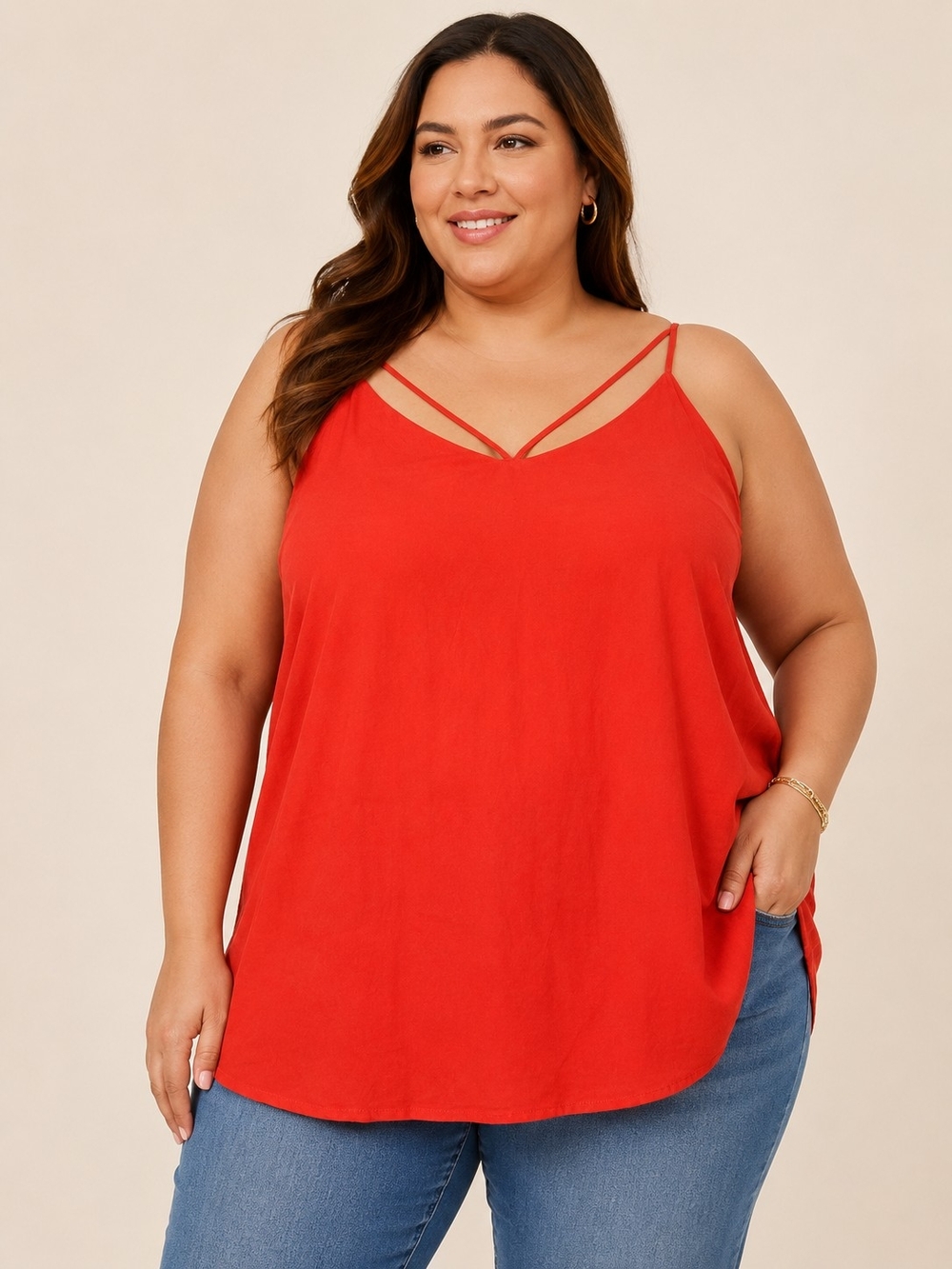 George Plus-Size Double-Strap V-Neck Tank Top in Red